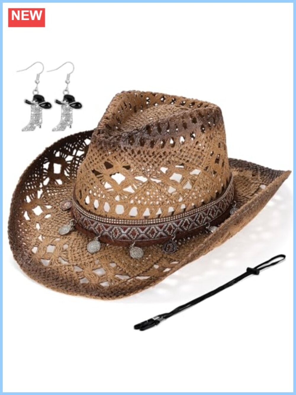 Western Straw Cowboy Hat Woven Paper Wide Brim Sun Hat Boot Earrings